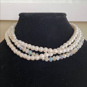 ARTISAN HANDMADE FAUX PEARL & CRYSTAL CHOKER NECKLACE White Triple Strand Bridal